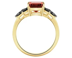 Pierścionek z żółtego złota z czarnymi diamentami i granatem - próba 585