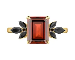 Pierścionek z żółtego złota z czarnymi diamentami i granatem - próba 585