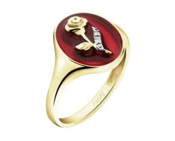 Pierścionek z żółtego złota z diamentami i emalią - sygnet - róża - 0,006 ct - próba 375