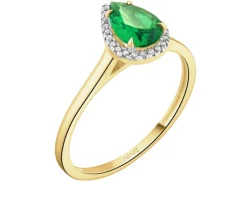 Pierścionek z żółtego złota z diamentami i szmaragdem syntetycznym - próba 375
