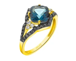 Pierścionek z żółtego złota z brylantami i topazem London Blue - próba 585