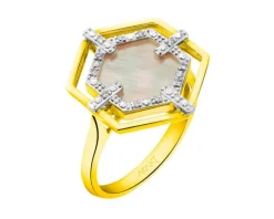 Pierścionek z żółtego złota z diamentami i masą perłową - próba 585