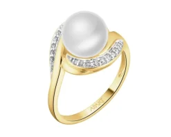 Pierścionek z żółtego złota z diamentami i perłą - próba 375