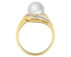 Pierścionek z żółtego złota z diamentami i perłą - próba 375