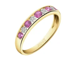 Pierścionek z żółtego złota z diamentami i rubinami syntetycznymi - próba 375