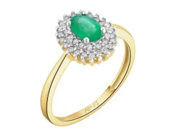 Pierścionek z żółtego złota z brylantami i szmaragdem - próba 585