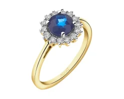 Pierścionek z żółtego złota z brylantami i szafirem - próba 585