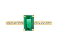 Pierścionek z żółtego złota z diamentami i szmaragdem syntetycznym - próba 585