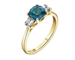 Pierścionek z żółtego złota z diamentami i topazem London Blue - próba 585
