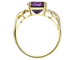 Pierścionek z żółtego złota z diamentami i ametystem - próba 585
