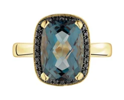 Pierścionek z żółtego złota z czarnymi brylantami i topazem London Blue - próba 585