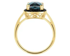 Pierścionek z żółtego złota z czarnymi brylantami i topazem London Blue - próba 585