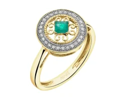 Pierścionek z żółtego złota z diamentami i szmaragdem - rozeta - próba 585