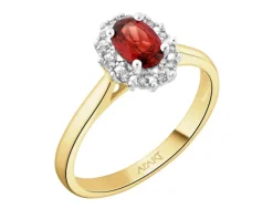 Pierścionek z żółtego złota z diamentami i granatem - próba 585