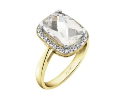 Pierścionek z żółtego złota z diamentami i topazem białym - próba 585