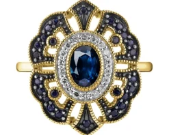 Pierścionek z żółtego złota z diamentami i szafirami - próba 585