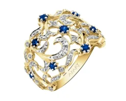 Pierścionek z żółtego złota z brylantami i szafirami - próba 585