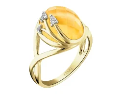 Pierścionek z żółtego złota z diamentami i cytrynem - liście - próba 585