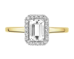 Pierścionek z żółtego złota z diamentami i topazem białym - próba 585