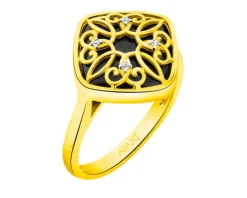 Pierścionek z żółtego złota z diamentami i onyksem - próba 375