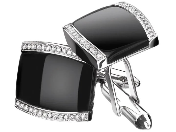 Spinki do mankietów z białego złota z diamentami i agatami - próba 585