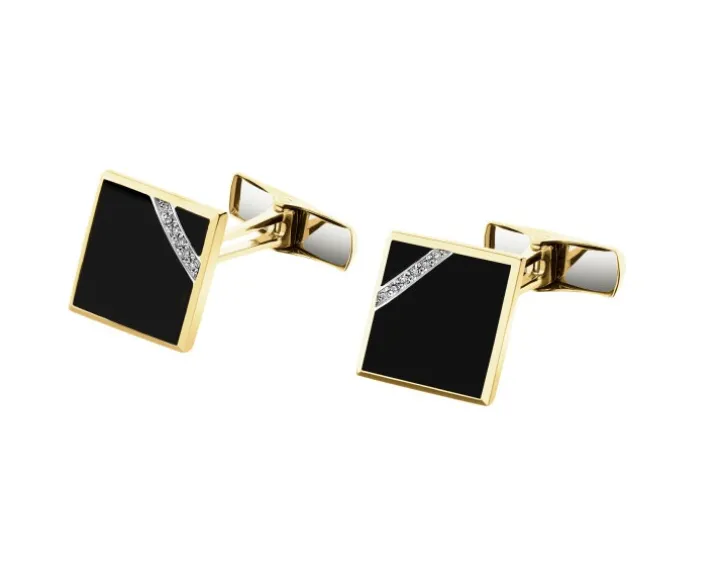 Spinki do mankietów z żółtego złota z diamentami i onyksami - próba 585