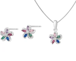 Srebrne kolczyki i zawieszka z cyrkoniami, łańcuszek - komplet - kwiaty