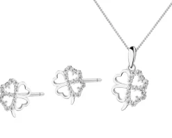 Srebrne kolczyki i zawieszka z cyrkoniami, łańcuszek - komplet - koniczyna