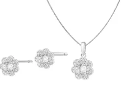 Srebrne kolczyki i zawieszka z cyrkoniami, łańcuszek - komplet - kwiaty