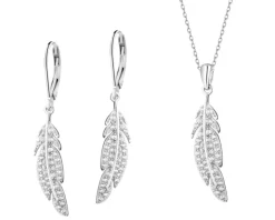 Srebrne kolczyki i zawieszka z cyrkoniami - komplet - piórka