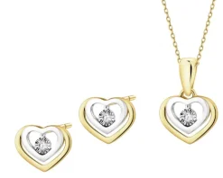 Zawieszka i kolczyki z żółtego i białego złota z brylantami - komplet - serca - 0,03 ct - próba 375