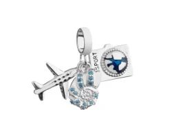 Zawieszka srebrna beads z cyrkoniami i emalią - samolot, paszport, muszla
