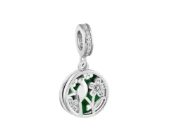 Zawieszka srebrna beads z cyrkoniami i emalią - kwiaty, ptak