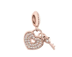 Zawieszka srebrna beads z cyrkoniami - serce, kluczyk