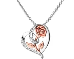 Zawieszka z białego złota pozłacana różowym złotem z diamentami - serce, róża - 0,05 ct - próba 585