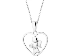 Zawieszka z białego złota z diamentem - serce, aniołek - 0,003 ct - próba 375