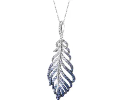 Zawieszka z białego złota z brylantami i szafirami cejlońskimi - piórko - próba 750
