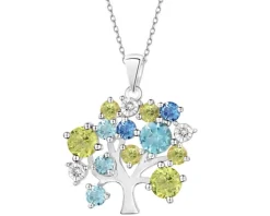 Zawieszka z białego złota z diamentami, peridotami i topazami - drzewko - próba 585