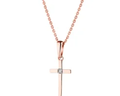 Zawieszka z różowego złota z brylantem - krzyż - 0,006 ct - próba 585