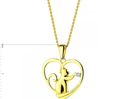 Zawieszka z żółtego złota z brylantem - kot, serce - 0,008 ct - próba 375