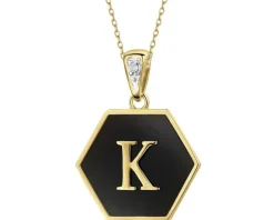Zawieszka z żółtego złota z diamentem i onyksem - litera K - próba 375