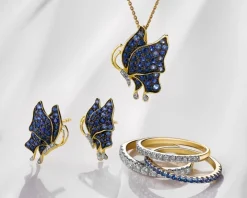 Zawieszka z żółtego złota z diamentami i szafirami - motyl - próba 585