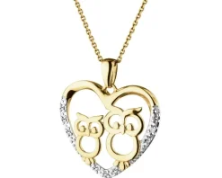 Zawieszka z żółtego złota z diamentami - sowy, serce - 0,03 ct - próba 375