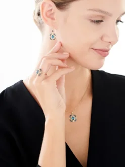 Zawieszka z żółtego złota z diamentami, szafirami i topazem London Blue - próba 585