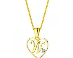 Zawieszka z żółtego złota z diamentem - litera W, serce - 0,005 ct - próba 375