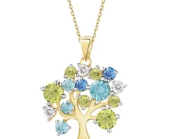 Zawieszka  z żółtego złota z diamentami, peridotami, topazami - drzewko - próba 585