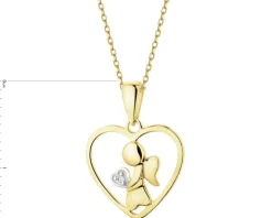 Zawieszka z żółtego złota z diamentem - serce, aniołek - 0,003 ct - próba 375
