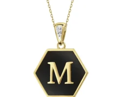 Zawieszka z żółtego złota z diamentem i onyksem - litera M - próba 375