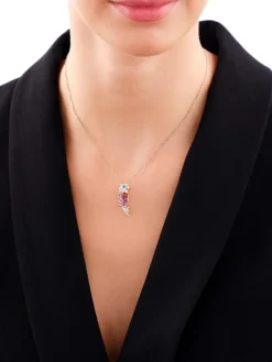 Zawieszka z żółtego złota z diamentami, kamieniami szlachetnymi i ozdobnymi - papuga - 0,14 ct - próba 585