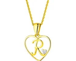 Zawieszka z żółtego złota z diamentem - litera R, serce - 0,005 ct - próba 375